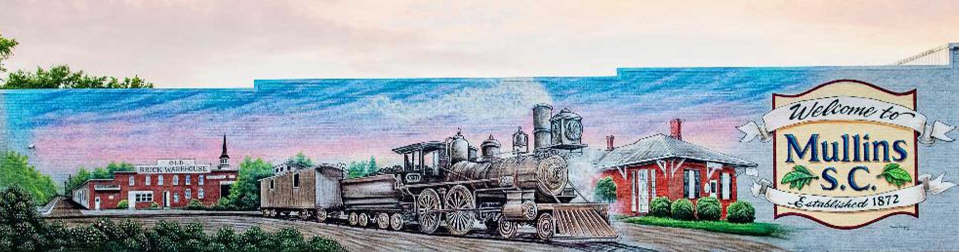 Mural of Mullins, SC showing buildings and a train
