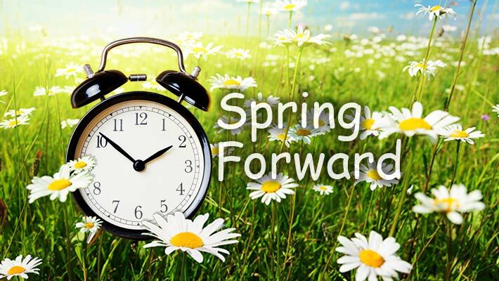 Spring Forward. An alarm clock in a field full of daisies.