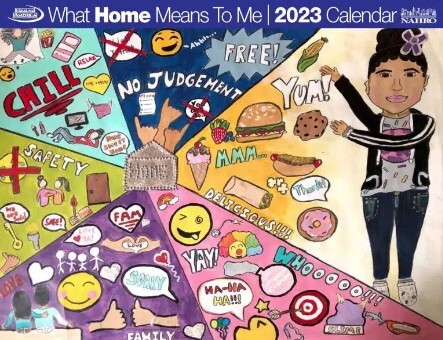 What Home Means to Me 2023 Calendar cover drawing shows a girl pointing to all the things that mean home to her.