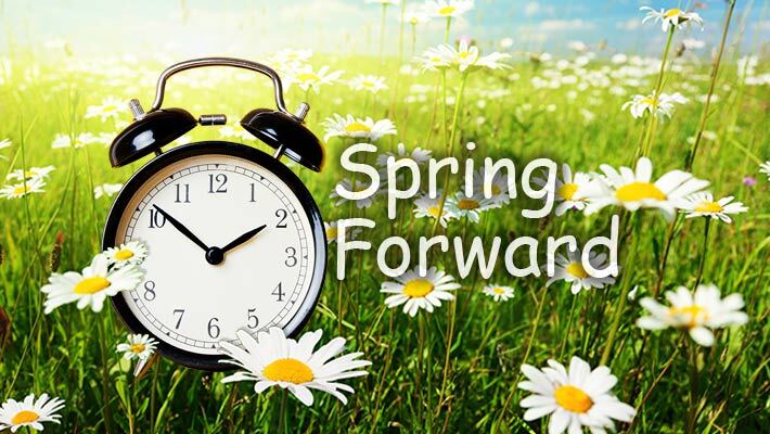 Spring Forward. An alarm clock sitting in a field of daisies.